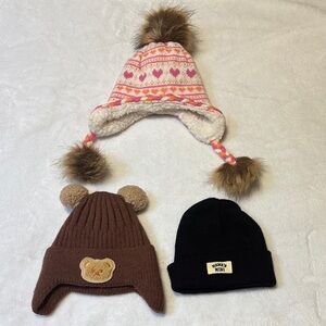 Kids Winter Hat Set - Pink, Brown, and Black